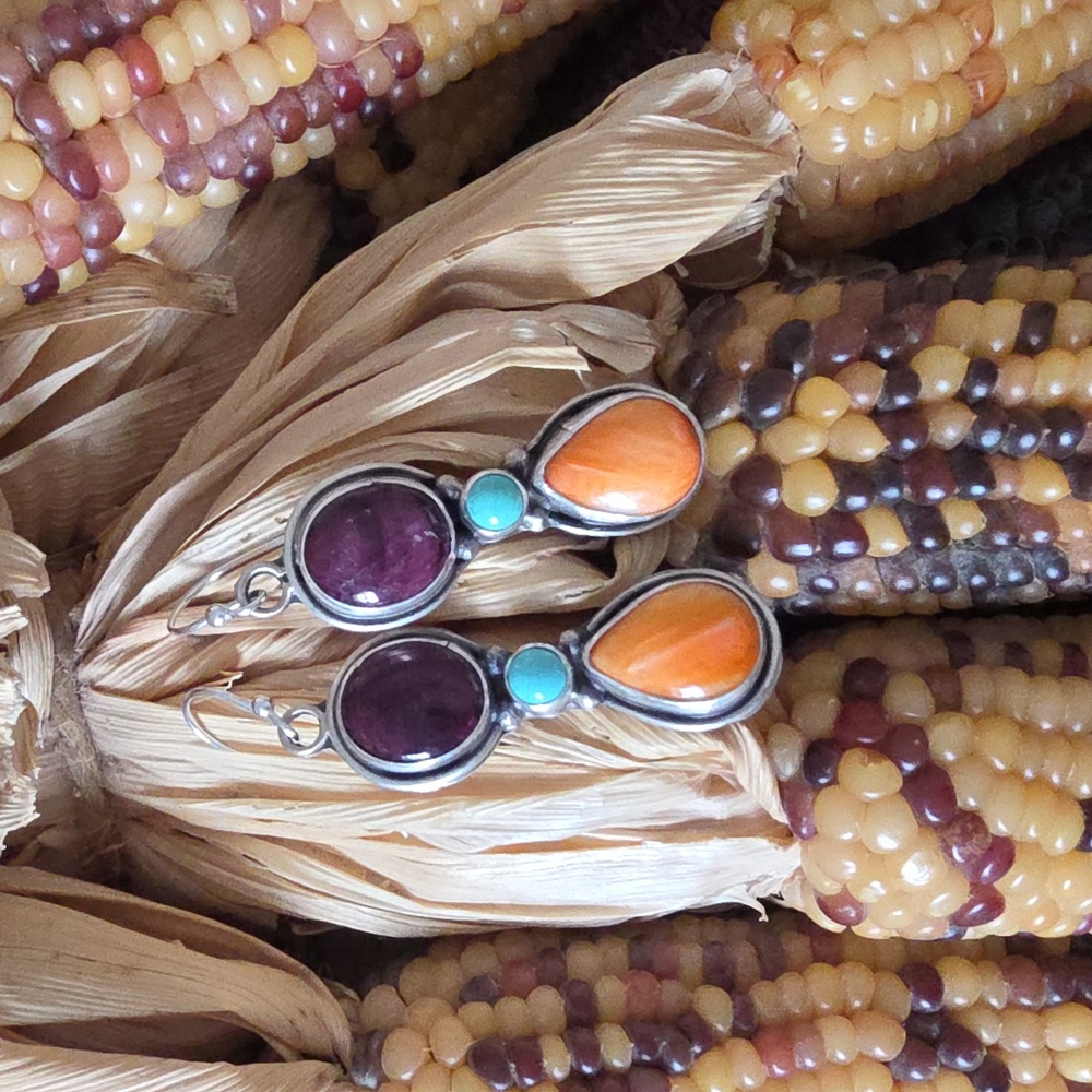 Beautiful Native American Navajo Handmade Turquoise & Spiny Earrings 🩵💜🧡🌅🎁 - Picture 10 of 10
